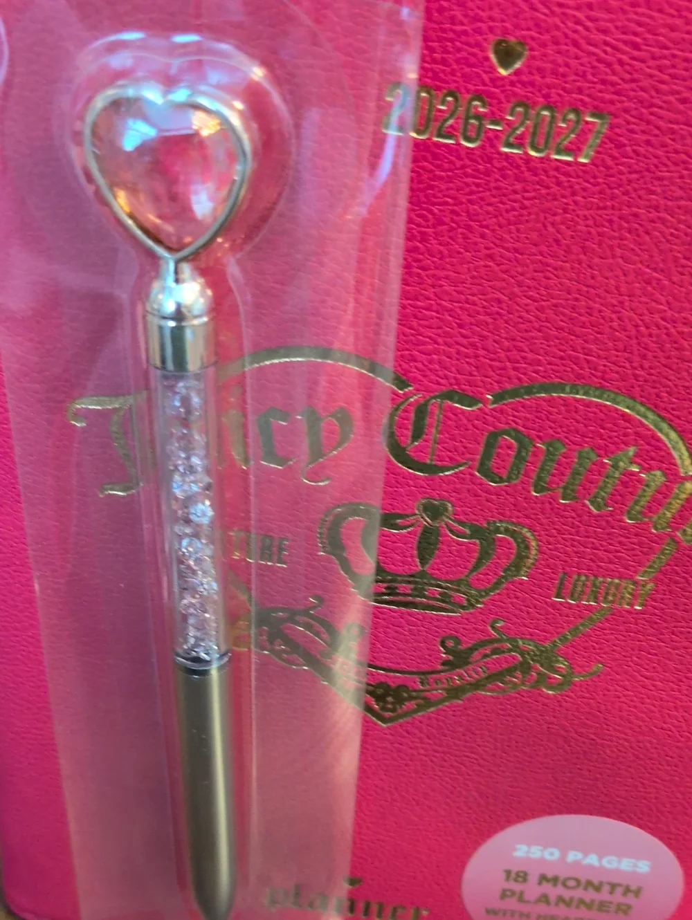Juicy Couture Hot Pink Planner with Heart Crystal Pen 2026-2027  With Zipper